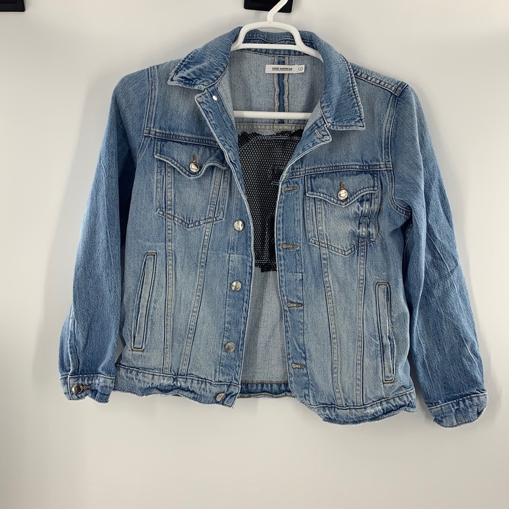 Good American Distressed Jean Jacket “R” On Back In Mesh Good Used Condition